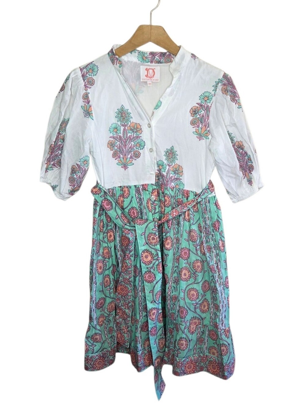 Victoria Dunn Boho Puff Sleeve Floral Block Print Shirt Dress Size XS Coastal